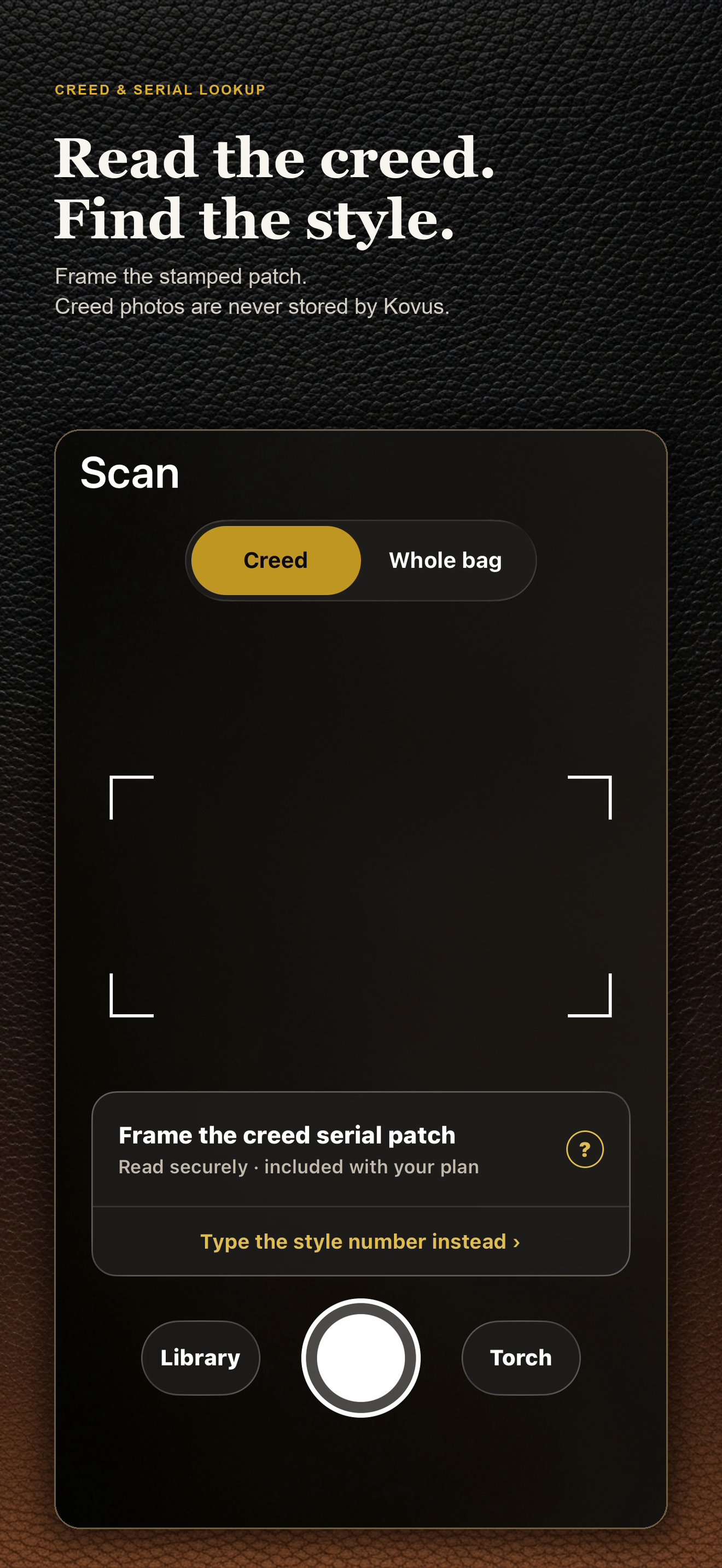 Camera view aligned over a Coach Creed patch and serial number