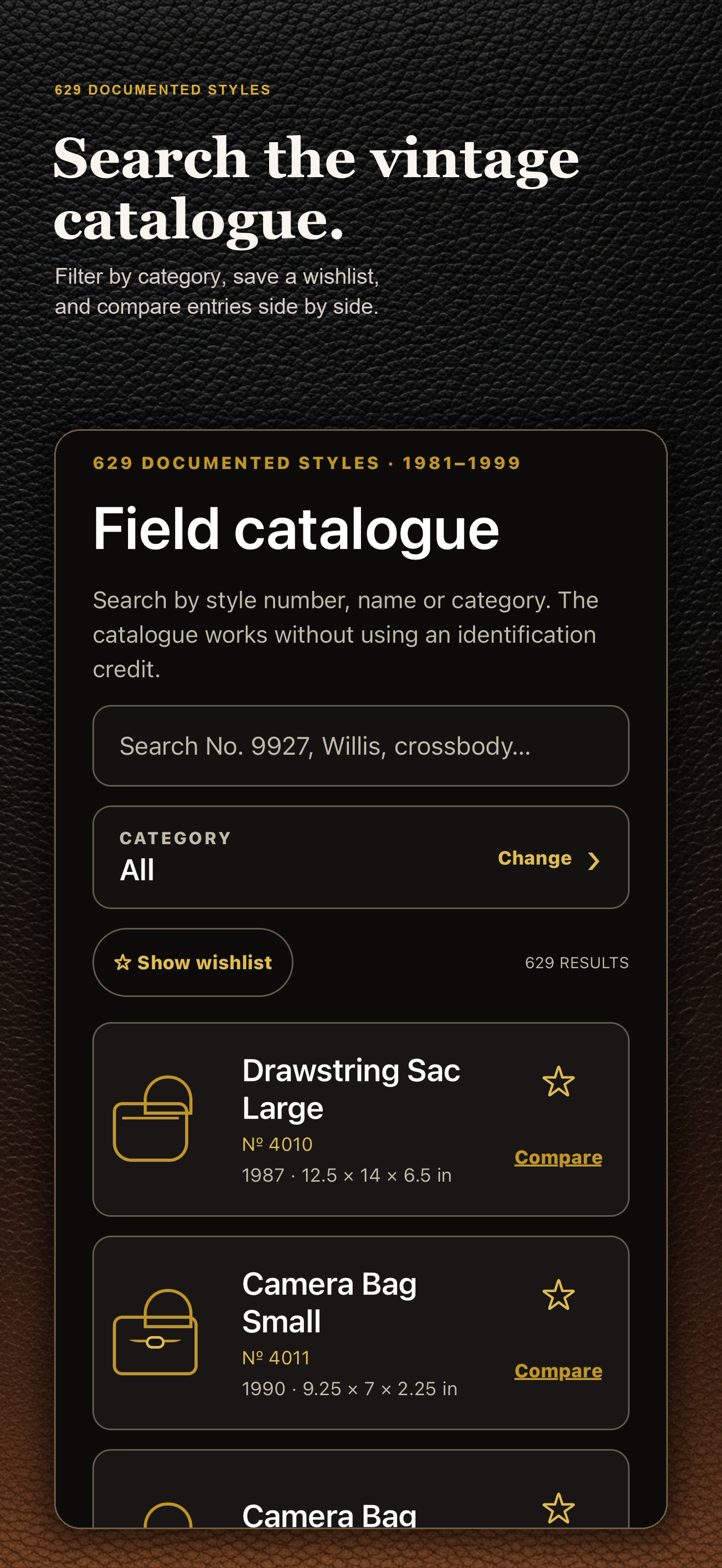 Search results for vintage Coach styles in the 629-style field catalogue