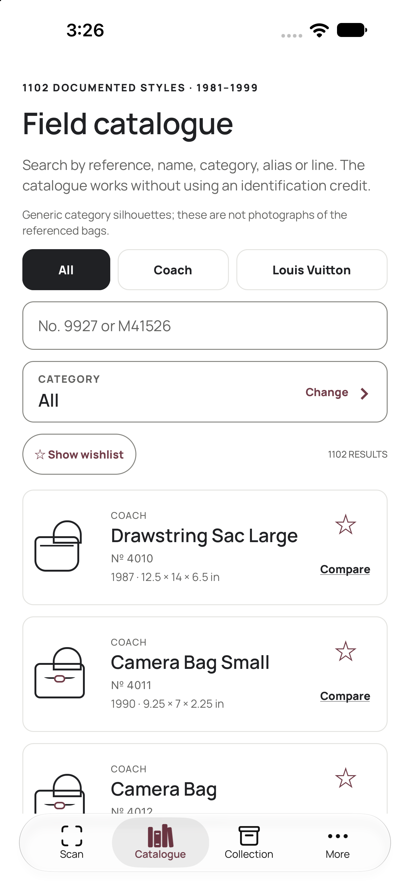 Field catalogue with Coach and Louis Vuitton facets listing 1102 documented styles by number, year and dimensions