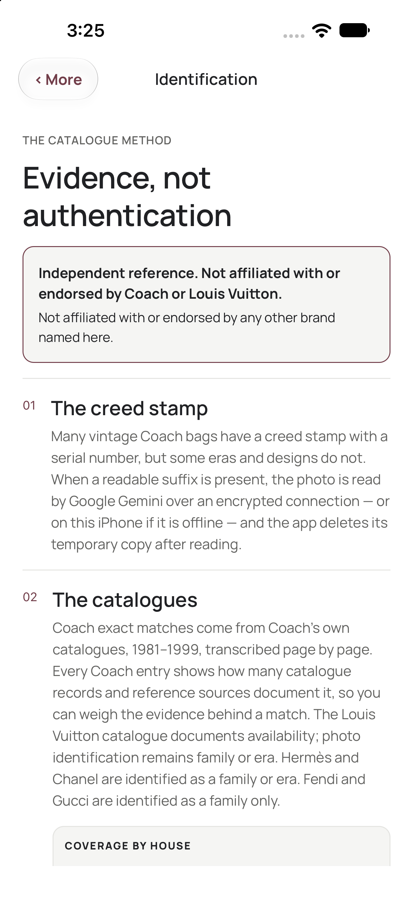 The catalogue method screen headed Evidence, not authentication, with the independent reference notice and how creed stamps and catalogues are used