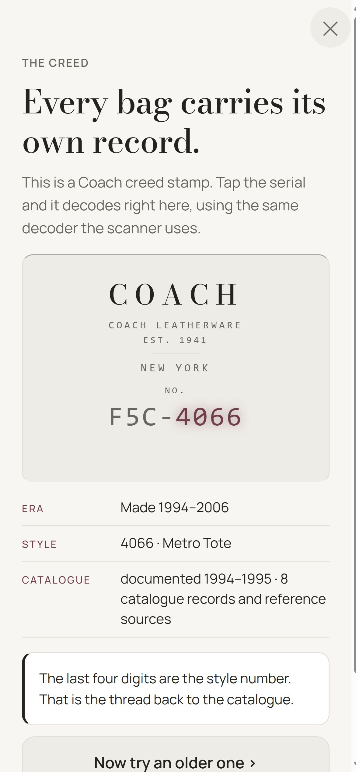 Vintage Handbag Identifier stamp screen reading a Coach F5C-4066 creed and following style 4066 to the catalogue