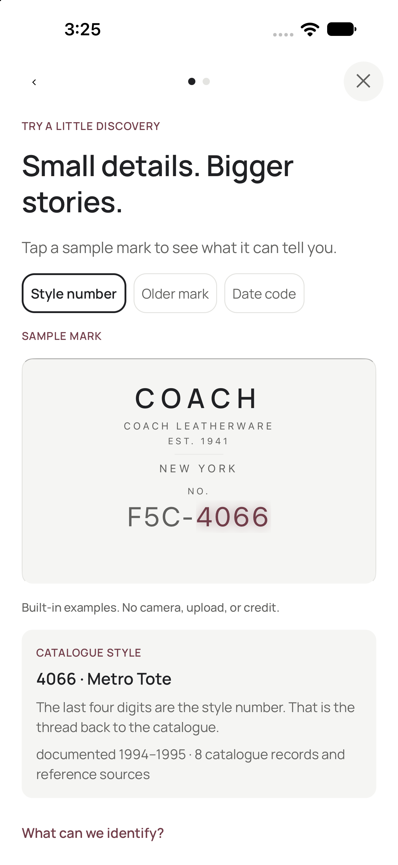 Vintage Handbag Identifier sample mark screen reading a Coach F5C-4066 creed as style 4066, Metro Tote