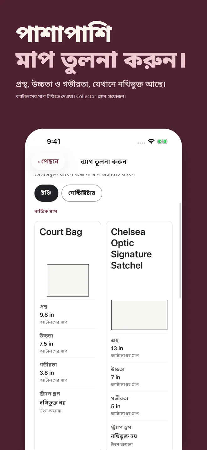 পাশাপাশি মাপ তুলনা করুন। প্রস্থ, উচ্চতা ও গভীরতা, যেখানে নথিভুক্ত আছে। ক্যাটালগের মাপ ইঞ্চিতে দেওয়া। Collector প্ল্যান প্রয়োজন।