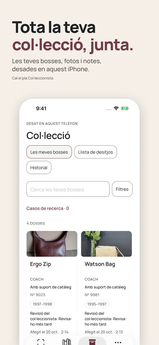 Tota la teva col·lecció, junta. Les teves bosses, fotos i notes, desades en aquest iPhone. Cal el pla Col·leccionista.