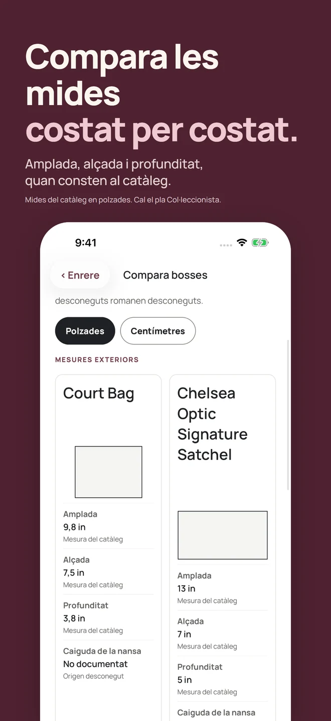 Compara les mides costat per costat. Amplada, alçada i profunditat, quan consten al catàleg. Mides del catàleg en polzades. Cal el pla Col·leccionista.