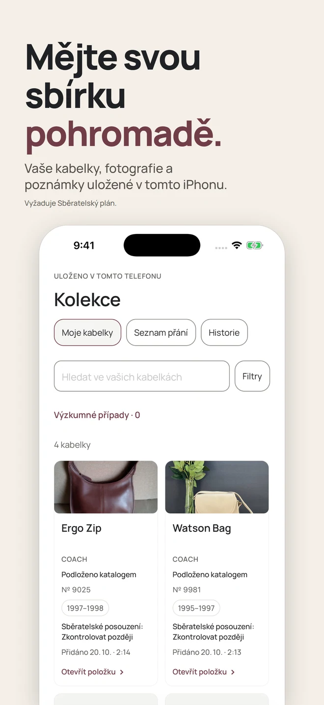 Mějte svou sbírku pohromadě. Vaše kabelky, fotografie a poznámky uložené v tomto iPhonu. Vyžaduje Sběratelský plán.