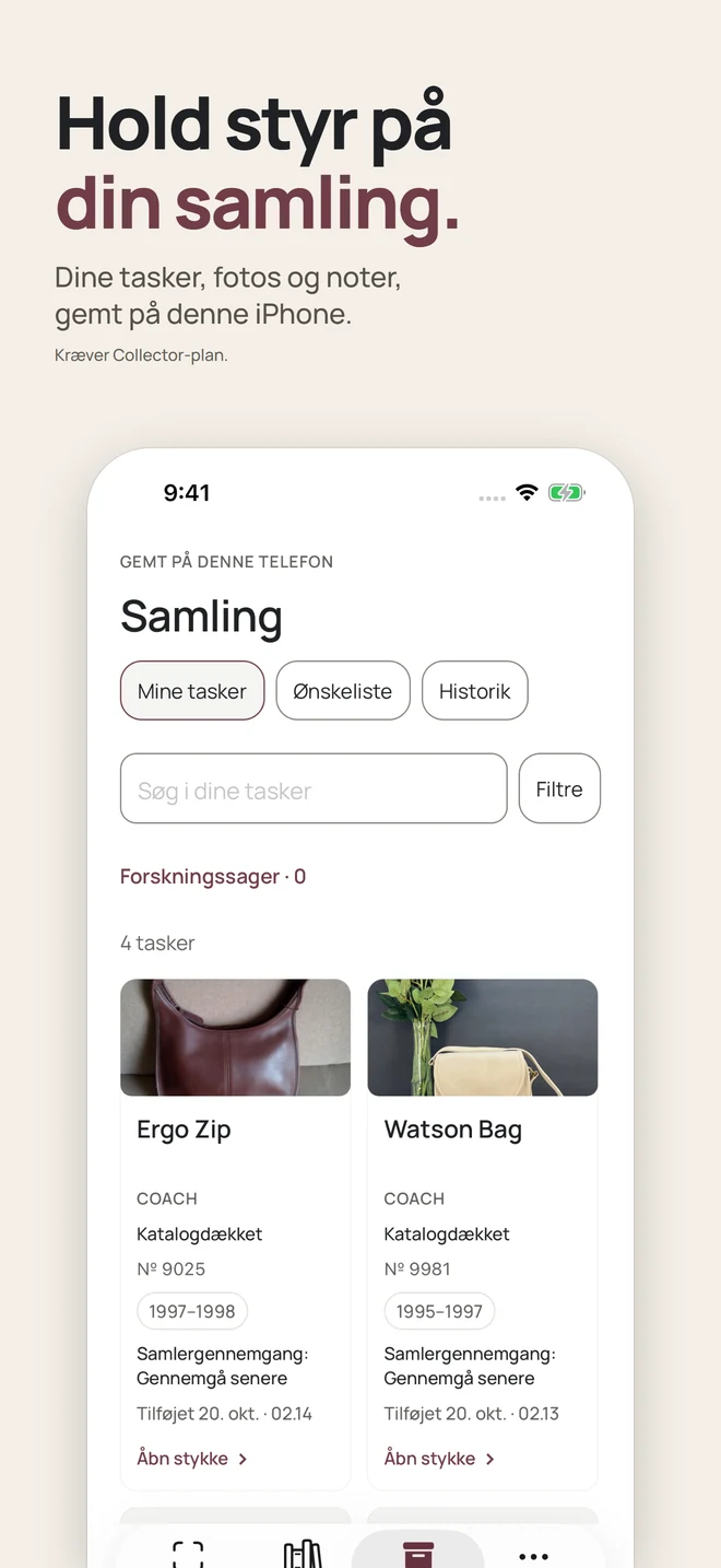 Hold styr på din samling. Dine tasker, fotos og noter, gemt på denne iPhone. Kræver Collector-plan.