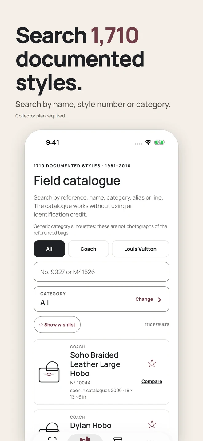 Search 1,710 documented styles. Search by name, style number or category. Collector plan required.