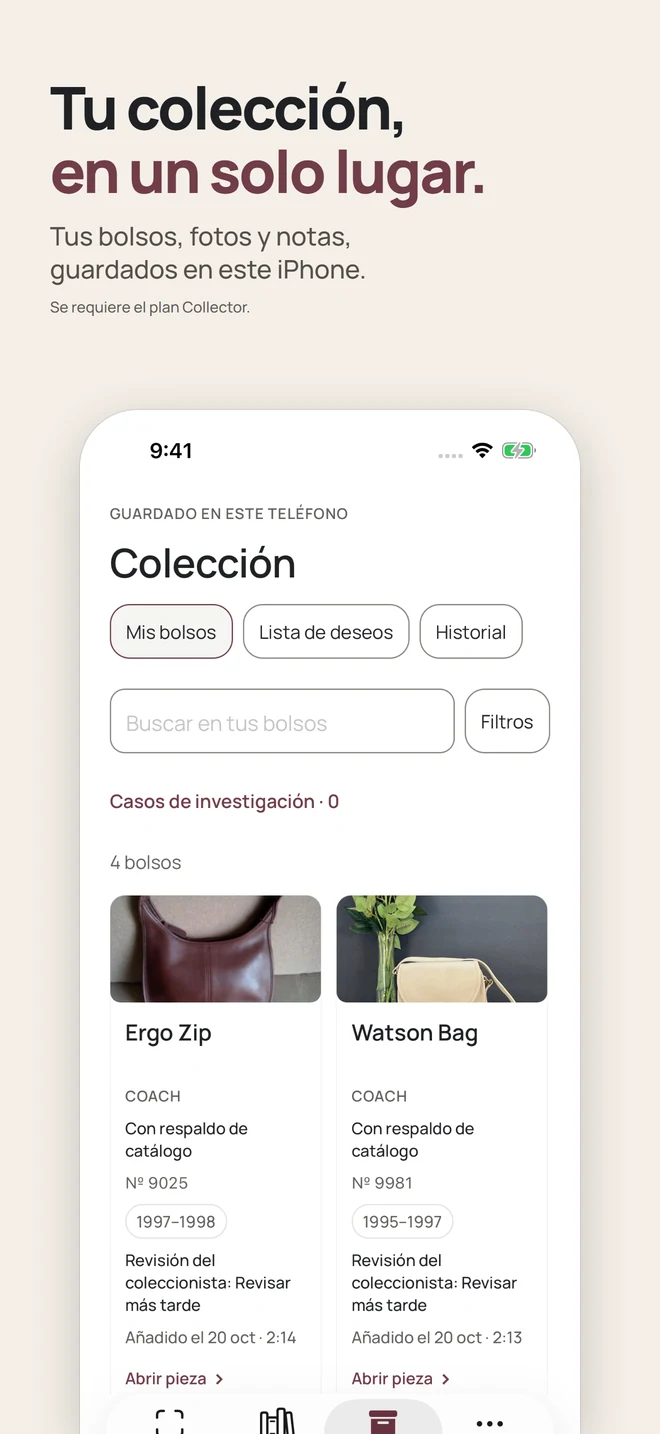 Tu colección, en un solo lugar. Tus bolsos, fotos y notas, guardados en este iPhone. Se requiere el plan Collector.