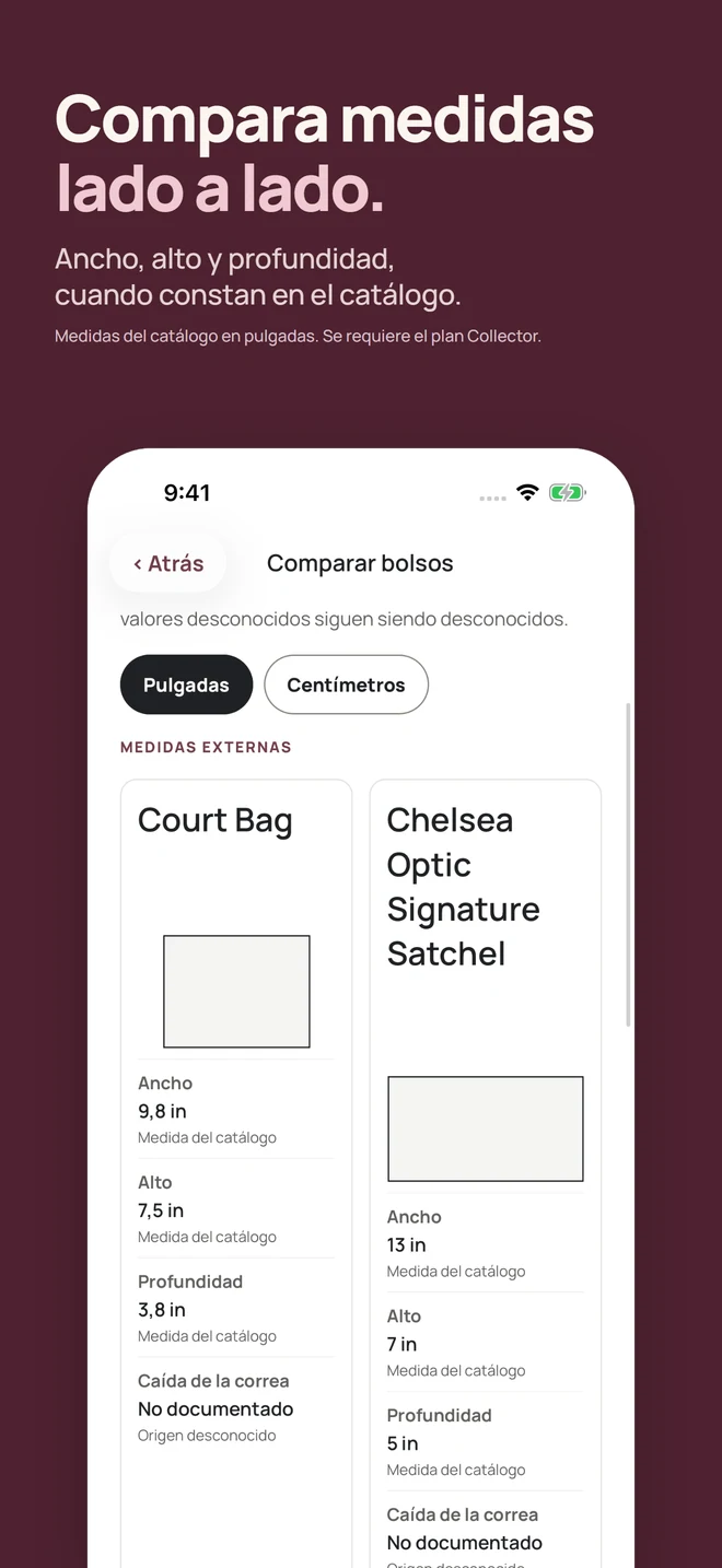 Compara medidas lado a lado. Ancho, alto y profundidad, cuando constan en el catálogo. Medidas del catálogo en pulgadas. Se requiere el plan Collector.