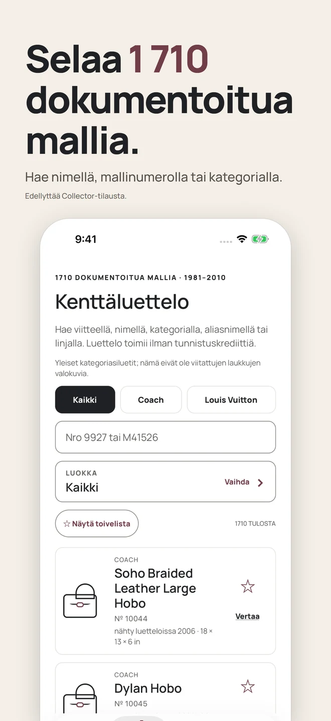 Selaa 1 710 dokumentoitua mallia. Hae nimellä, mallinumerolla tai kategorialla. Edellyttää Collector-tilausta.