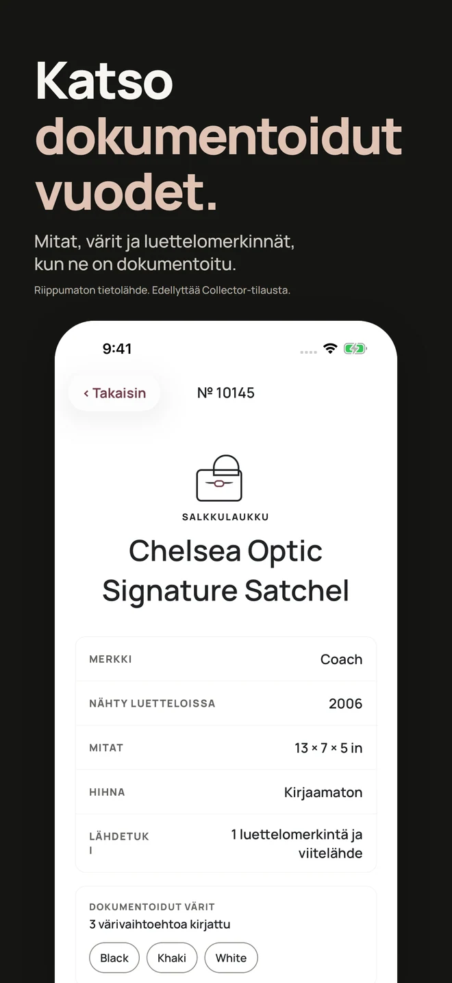 Katso dokumentoidut vuodet. Mitat, värit ja luettelomerkinnät, kun ne on dokumentoitu. Riippumaton tietolähde. Edellyttää Collector-tilausta.