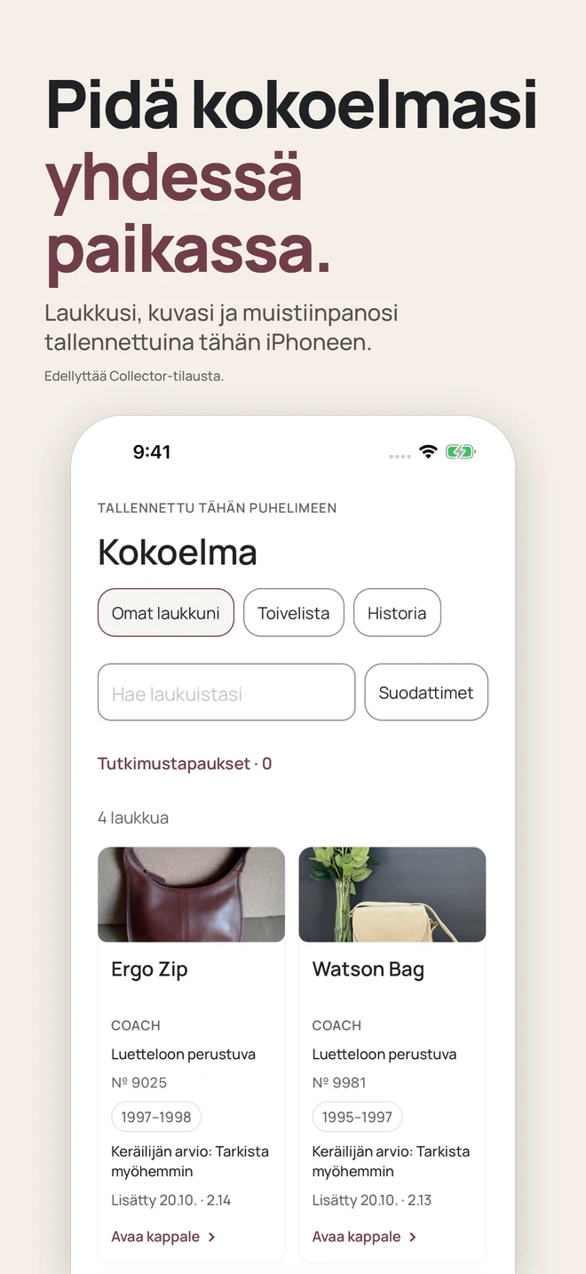 Pidä kokoelmasi yhdessä paikassa. Laukkusi, kuvasi ja muistiinpanosi tallennettuina tähän iPhoneen. Edellyttää Collector-tilausta.
