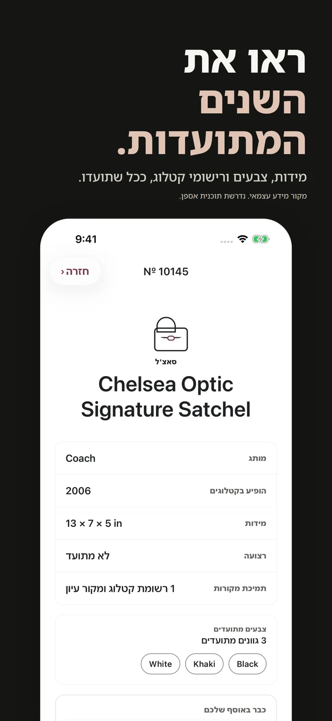 ראו את השנים המתועדות. מידות, צבעים ורישומי קטלוג, ככל שתועדו. מקור מידע עצמאי. נדרשת תוכנית אספן.
