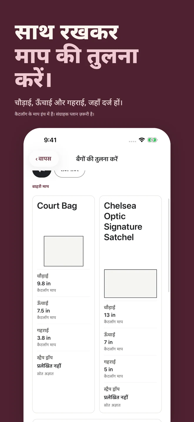 साथ रखकर माप की तुलना करें। चौड़ाई, ऊँचाई और गहराई, जहाँ दर्ज हों। कैटलॉग के माप इंच में हैं। संग्राहक प्लान ज़रूरी है।