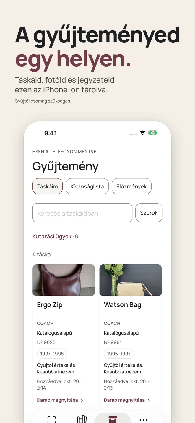 A gyűjteményed egy helyen. Táskáid, fotóid és jegyzeteid ezen az iPhone-on tárolva. Gyűjtői csomag szükséges.