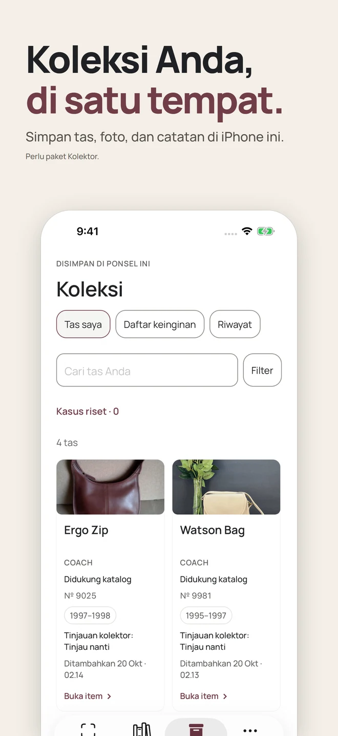 Koleksi Anda, di satu tempat. Simpan tas, foto, dan catatan di iPhone ini. Perlu paket Kolektor.