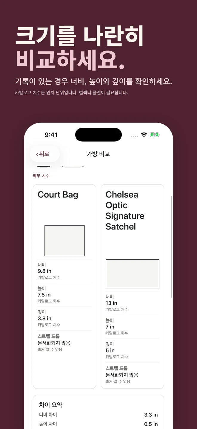 크기를 나란히 비교하세요. 기록이 있는 경우 너비, 높이와 깊이를 확인하세요. 카탈로그 치수는 인치 단위입니다. 컬렉터 플랜이 필요합니다.
