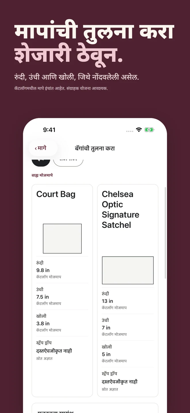 मापांची तुलना करा शेजारी ठेवून. रुंदी, उंची आणि खोली, जिथे नोंदवलेली असेल. कॅटलॉगमधील मापे इंचांत आहेत. संग्राहक योजना आवश्यक.