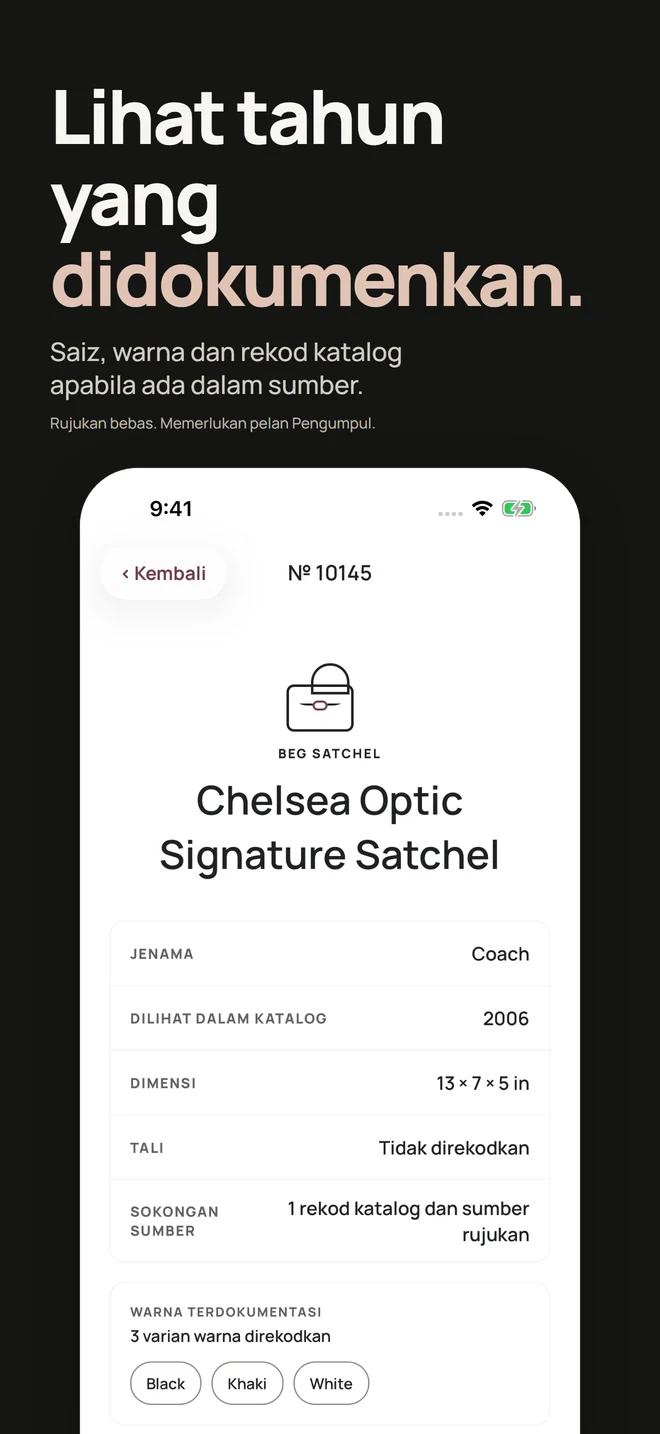 Lihat tahun yang didokumenkan. Saiz, warna dan rekod katalog apabila ada dalam sumber. Rujukan bebas. Memerlukan pelan Pengumpul.