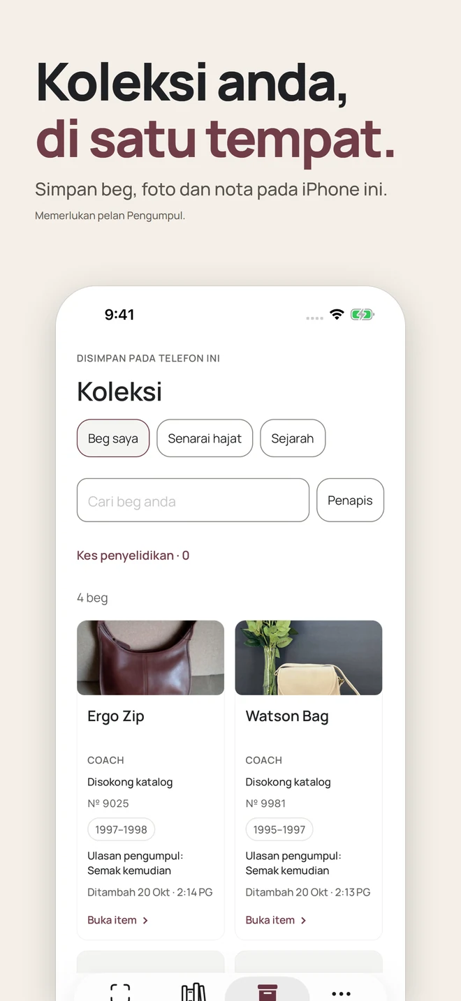 Koleksi anda, di satu tempat. Simpan beg, foto dan nota pada iPhone ini. Memerlukan pelan Pengumpul.