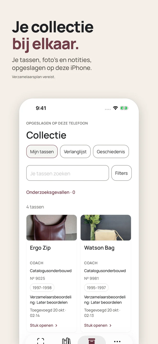 Je collectie bij elkaar. Je tassen, foto's en notities, opgeslagen op deze iPhone. Verzamelaarsplan vereist.