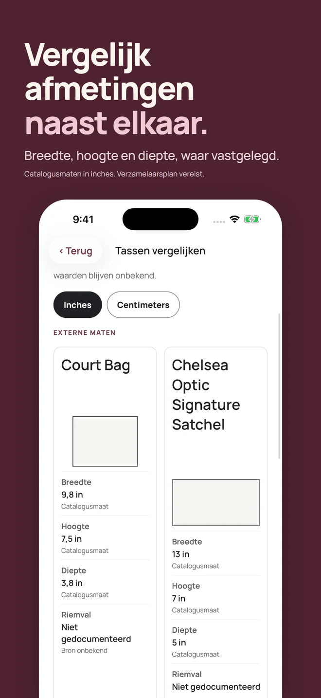 Vergelijk afmetingen naast elkaar. Breedte, hoogte en diepte, waar vastgelegd. Catalogusmaten in inches. Verzamelaarsplan vereist.