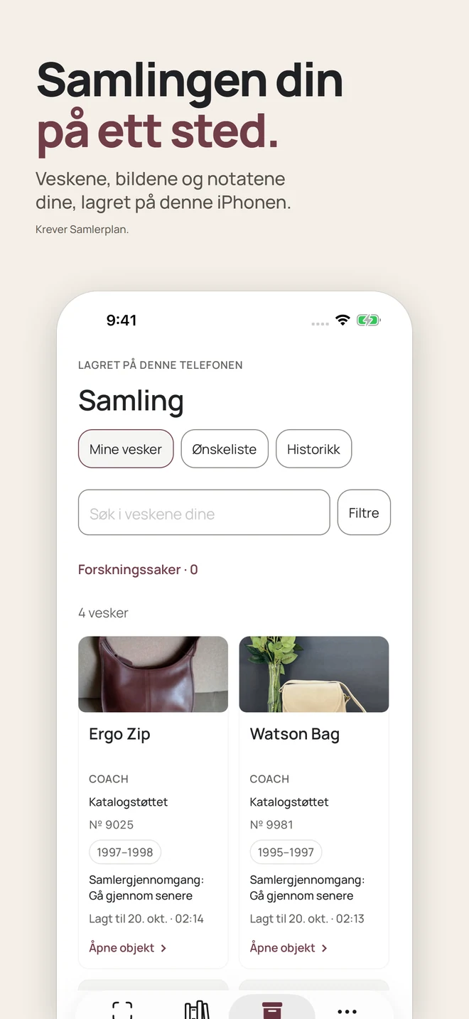 Samlingen din på ett sted. Veskene, bildene og notatene dine, lagret på denne iPhonen. Krever Samlerplan.