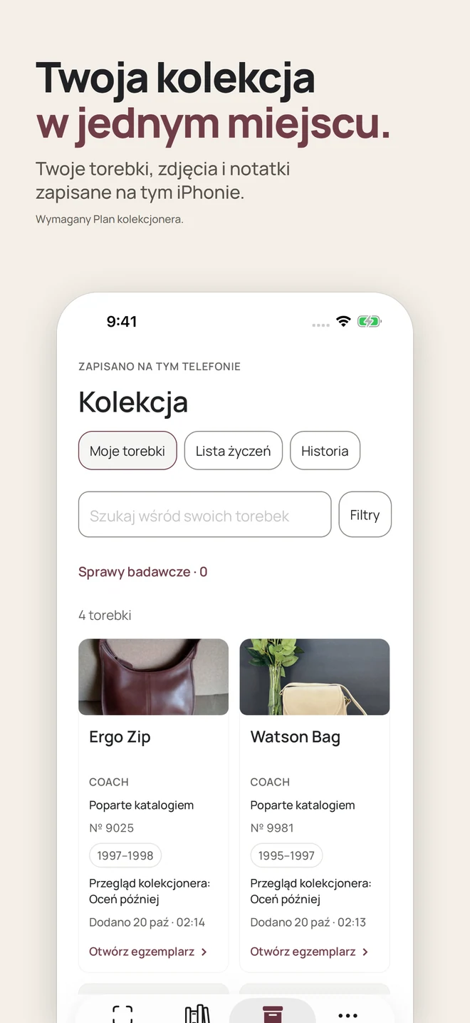 Twoja kolekcja w jednym miejscu. Twoje torebki, zdjęcia i notatki zapisane na tym iPhonie. Wymagany Plan kolekcjonera.