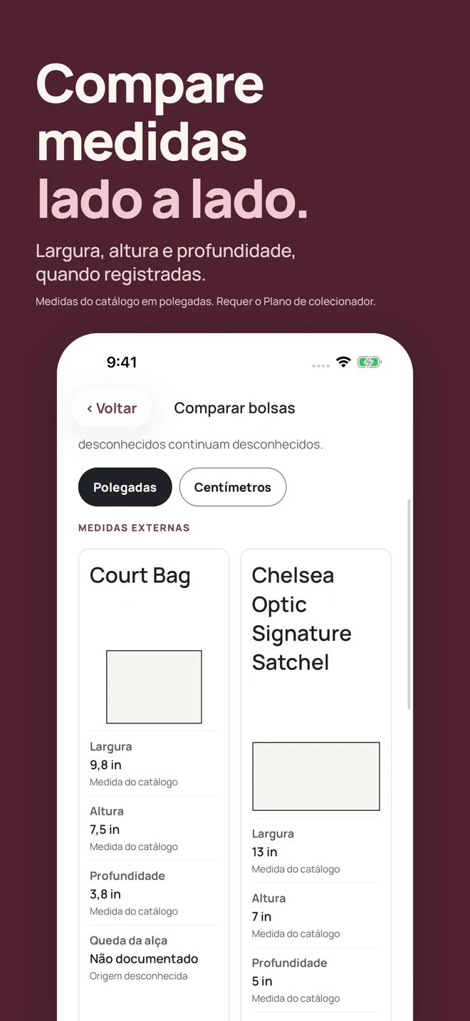 Compare medidas lado a lado. Largura, altura e profundidade, quando registradas. Medidas do catálogo em polegadas. Requer o Plano de colecionador.