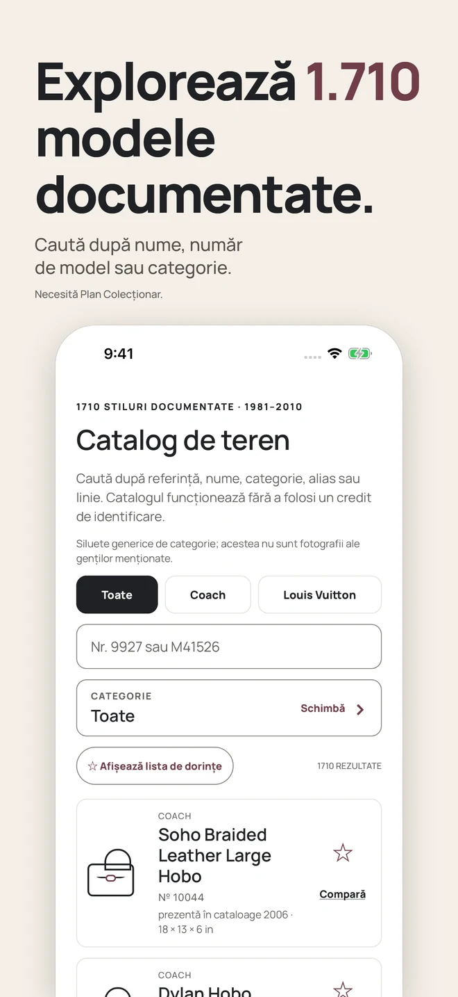 Explorează 1.710 modele documentate. Caută după nume, număr de model sau categorie. Necesită Plan Colecționar.
