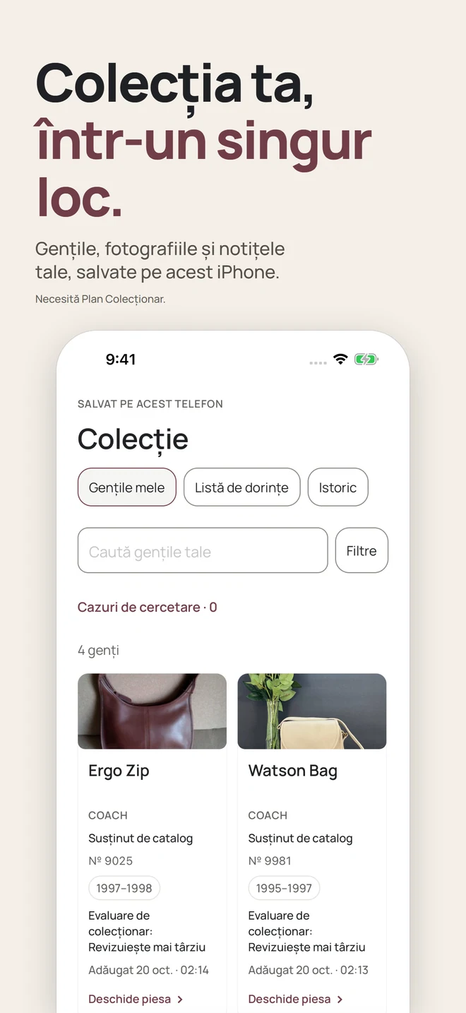 Colecția ta, într-un singur loc. Gențile, fotografiile și notițele tale, salvate pe acest iPhone. Necesită Plan Colecționar.