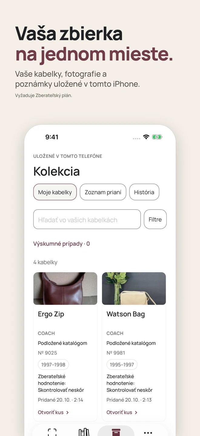 Vaša zbierka na jednom mieste. Vaše kabelky, fotografie a poznámky uložené v tomto iPhone. Vyžaduje Zberateľský plán.