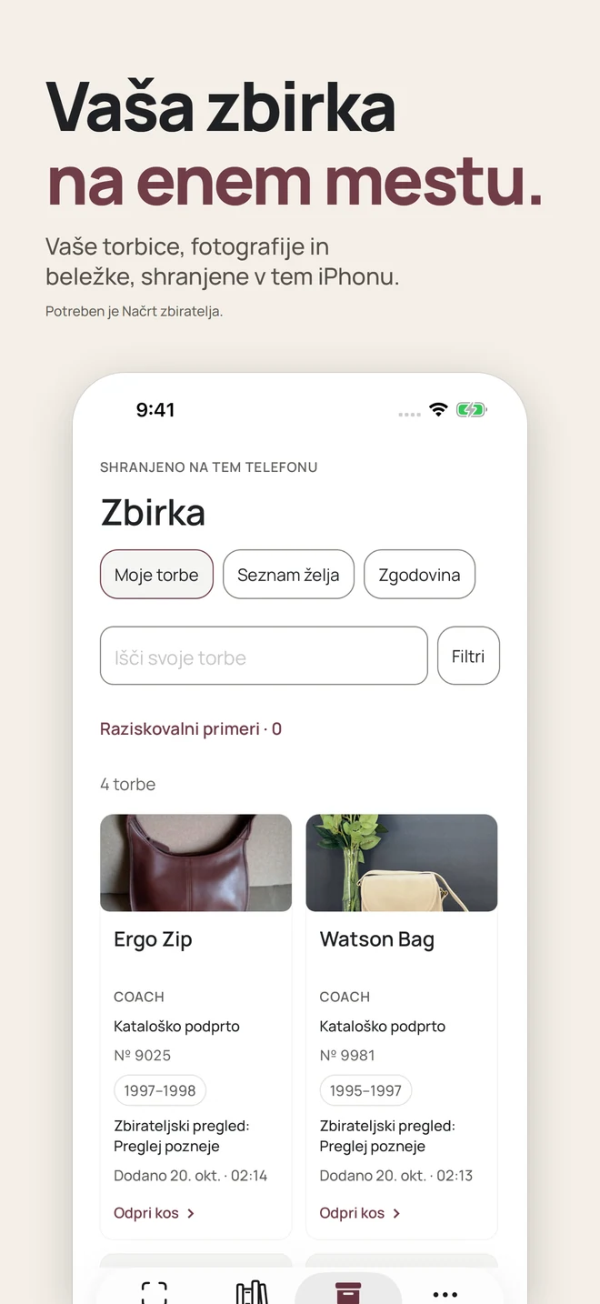 Vaša zbirka na enem mestu. Vaše torbice, fotografije in beležke, shranjene v tem iPhonu. Potreben je Načrt zbiratelja.