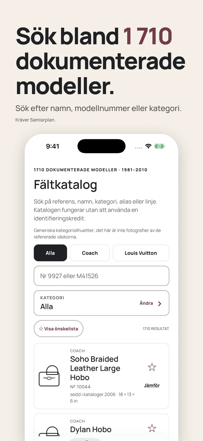 Sök bland 1 710 dokumenterade modeller. Sök efter namn, modellnummer eller kategori. Kräver Samlarplan.