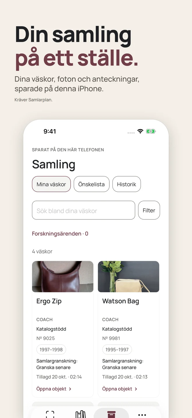 Din samling på ett ställe. Dina väskor, foton och anteckningar, sparade på denna iPhone. Kräver Samlarplan.