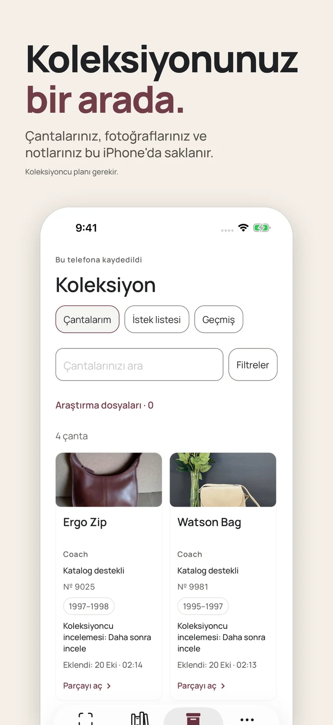 Koleksiyonunuz bir arada. Çantalarınız, fotoğraflarınız ve notlarınız bu iPhone'da saklanır. Koleksiyoncu planı gerekir.