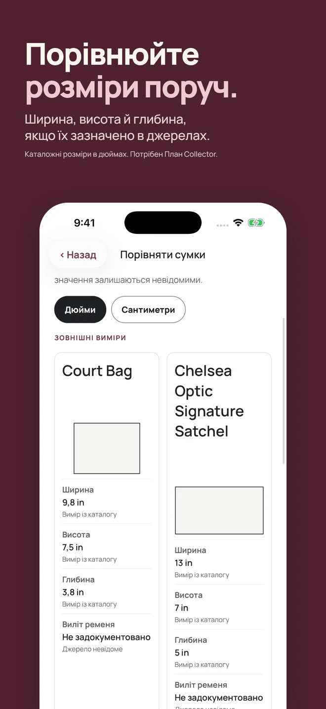 Порівнюйте розміри поруч. Ширина, висота й глибина, якщо їх зазначено в джерелах. Каталожні розміри в дюймах. Потрібен План Collector.