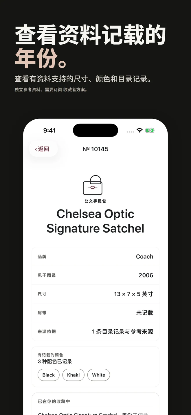 查看资料记载的 年份。 查看有资料支持的尺寸、颜色和目录记录。 独立参考资料。需要订阅 收藏者方案。